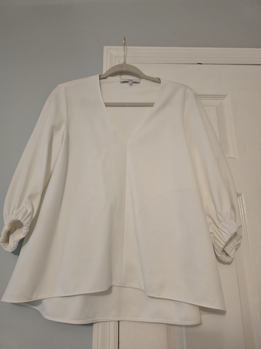 Tibi V-Neck White Women’s Blouse with Gathered Sleeves